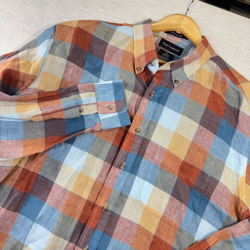 Paul Fredrick Mens XXL Classic Fit Pure Linen Plaid Button Down Shirt Colorful